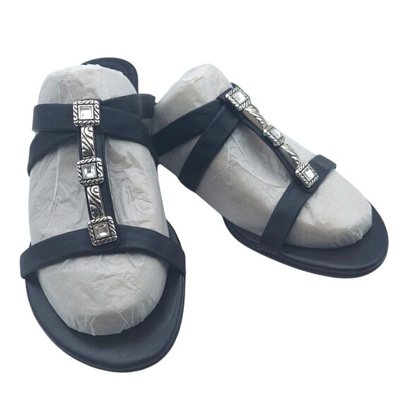 Brighton Nassau Black Leather Low Heel Slide Sandals 8.5M Silver Plated Crystal - Picture 2 of 11
